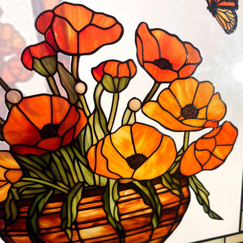 California Poppies and Monarch Butterflies Stained Glass Panel Suncatcher Square Window Hanging