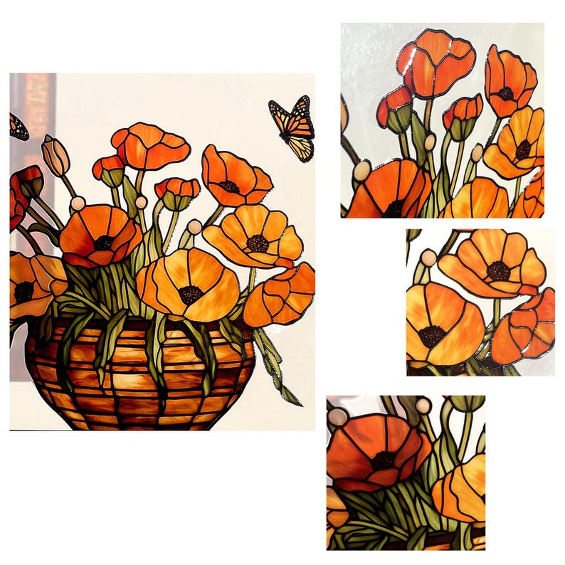 California Poppies and Monarch Butterflies Stained Glass Panel Suncatcher Square Window Hanging