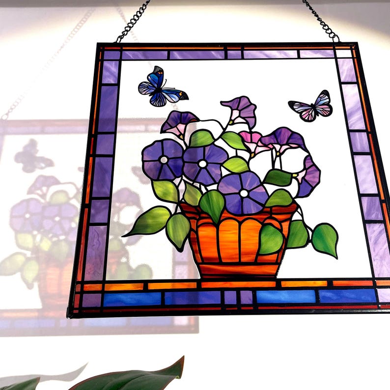 Morning Glory & Butterflies Stained Glass Suncatcher