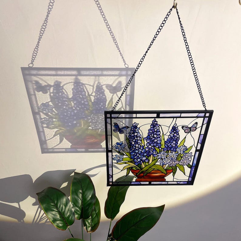 Bluebonnet Blue Iris Flower and Butterfly Stained Glass Panel Suncatcher Square Window Hanging