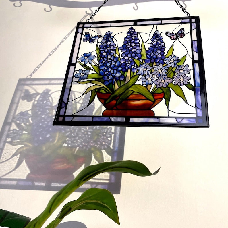 Bluebonnet Blue Iris Flower and Butterfly Stained Glass Panel Suncatcher Square Window Hanging