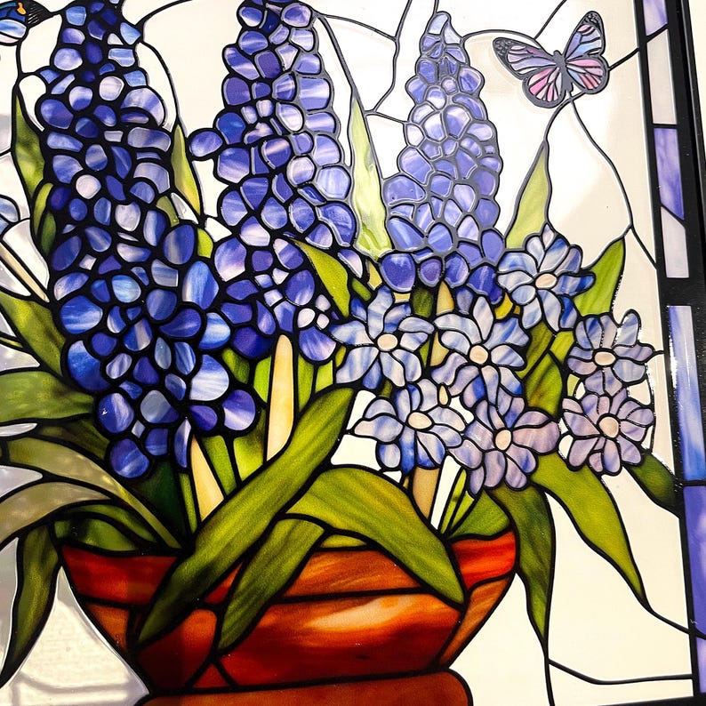 Bluebonnet Blue Iris Flower and Butterfly Stained Glass Panel Suncatcher Square Window Hanging
