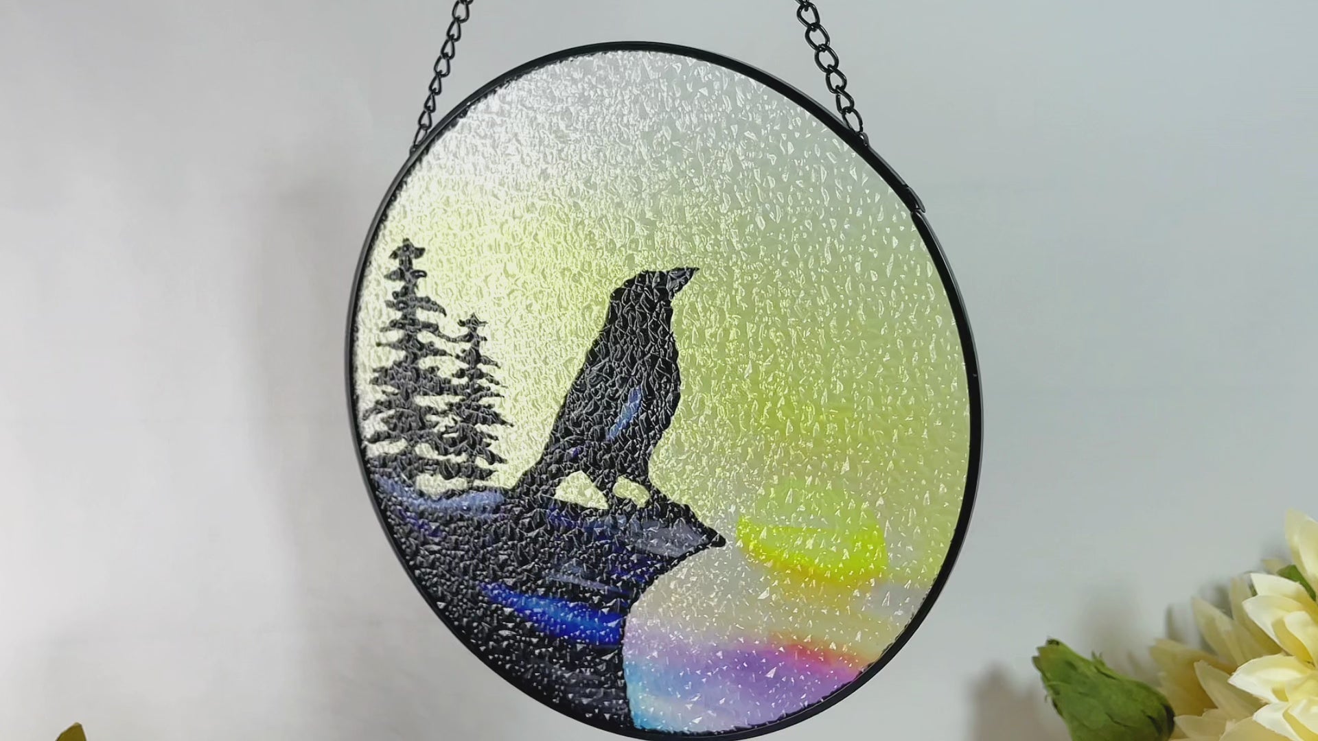 Raven on Cliff Stained Glass Suncatcher