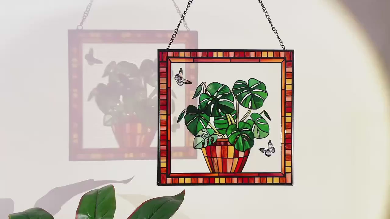 Monstera and Butterflies Stained Glass Panel Suncatcher Square Window Hanging