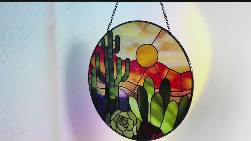 Cactus Succlent Plants and Desert Sunset Stained Glass Suncatcher/Window Hanging