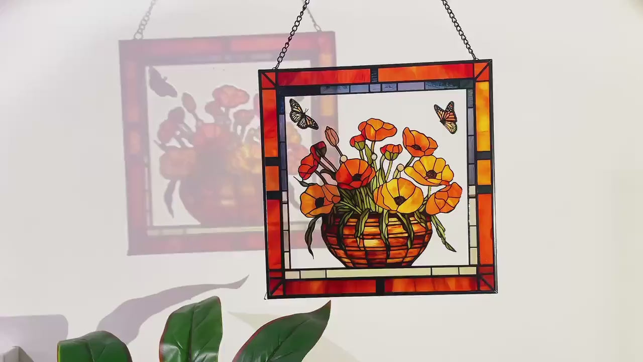 California Poppies and Monarch Butterflies Stained Glass Panel Suncatcher Square Window Hanging