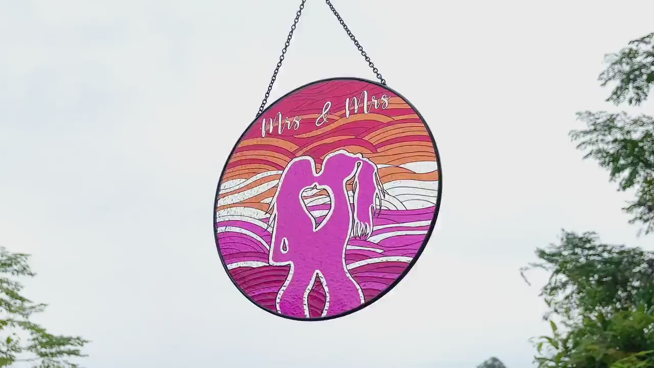Mrs and Mrs stained glass window hanging