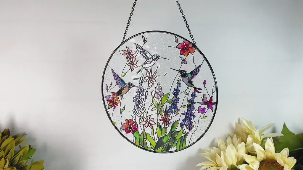 Hummingbirds and Wild Flowers Stained Glass Suncatcher, Indoor Decor, Window Hanging, Wall Art, Gifts for Women, Sun Catcher