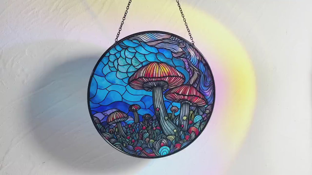 Mushrooms and Vaporwave Glass Suncatcher/Window Hanging