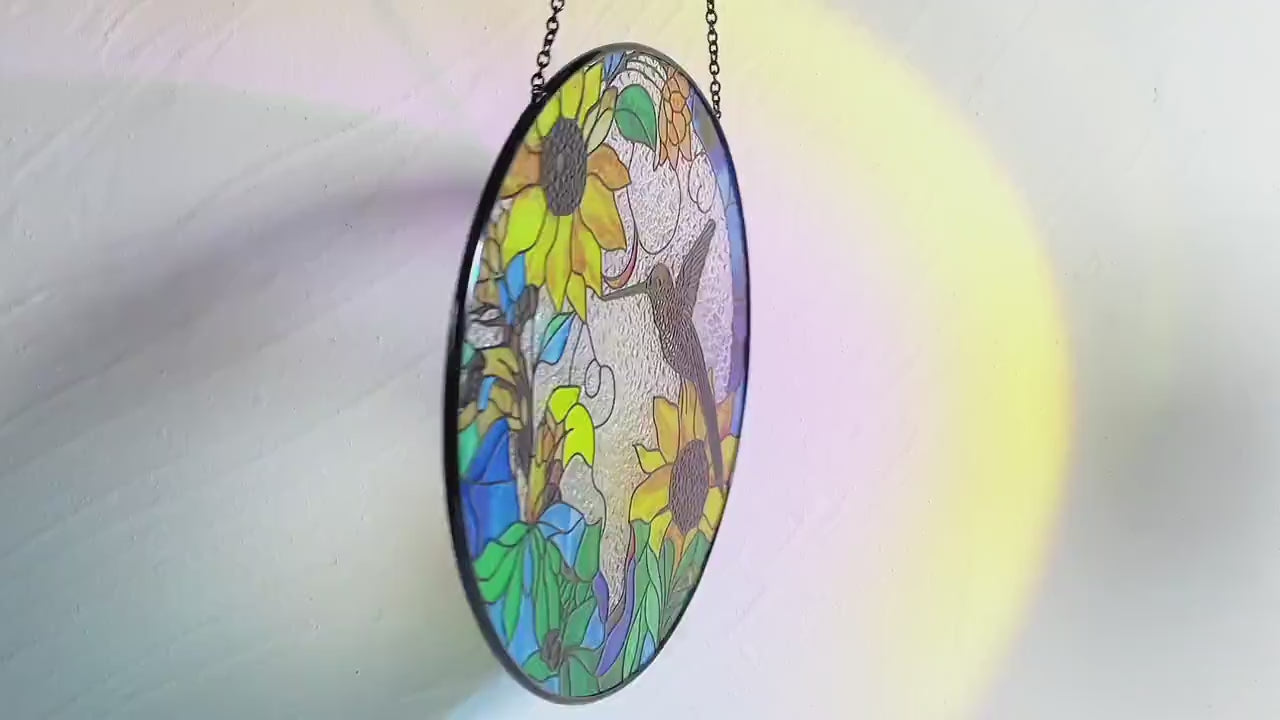 Hummingbird and Sunflowers Stained Glass Suncatcher/Window Hanging