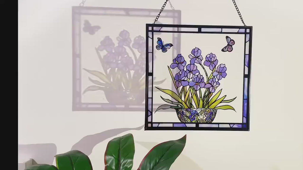 Blue Iris Blue Flag Flower and Butterfly Stained Glass Panel Suncatcher Square Window Hanging