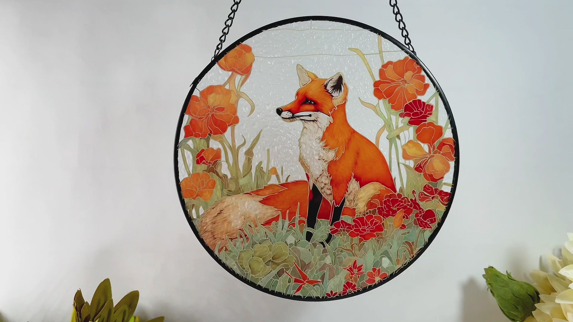 Fox Among California Poppies Stained Glass Suncatcher, Gifts, Wall Art, Window Hanging, Indoor Decor, Sun Catcher