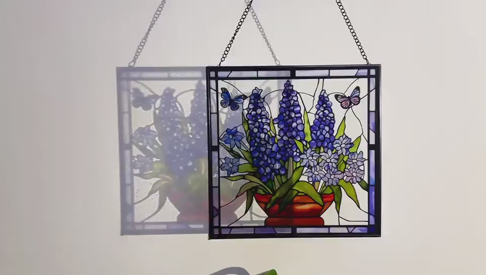 Bluebonnet Blue Iris Flower and Butterfly Stained Glass Panel Suncatcher Square Window Hanging