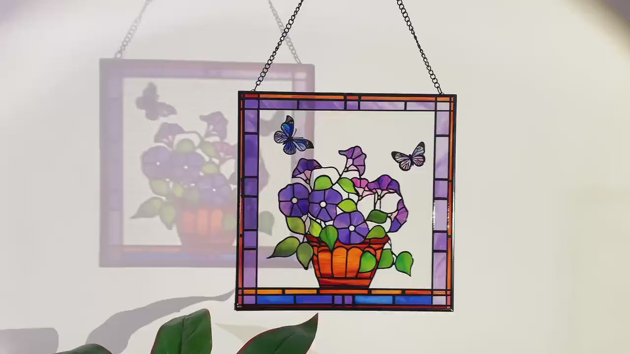 Morning Glory & Butterflies Stained Glass Suncatcher