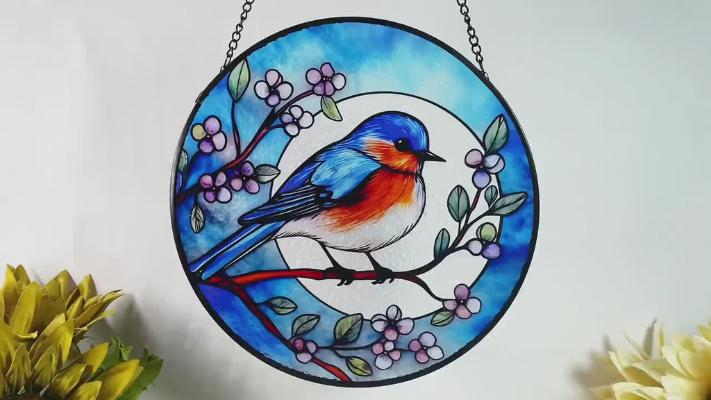 Bluebird and Full Moon Stained Glass Suncatcher, Blue Bird, Gifts, Window Hanging, Indoor Decor, Sun Catcher