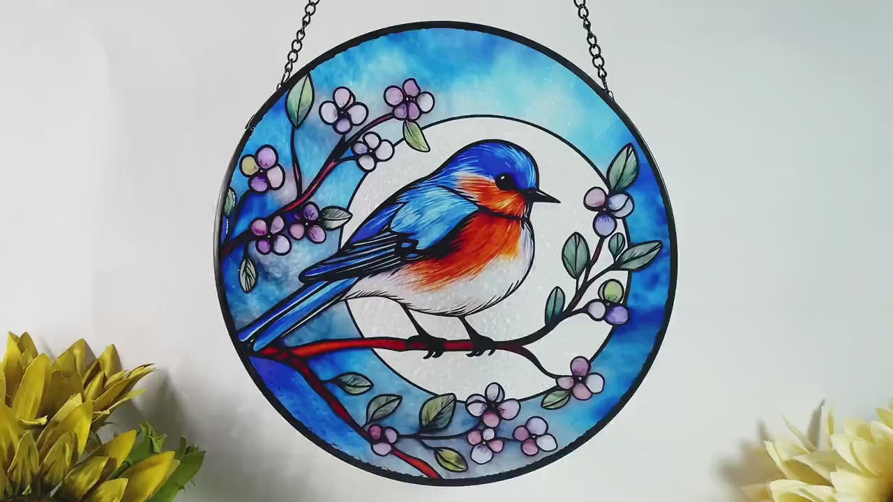 Bluebird and Full Moon Stained Glass Suncatcher, Blue Bird, Gifts, Window Hanging, Indoor Decor, Sun Catcher
