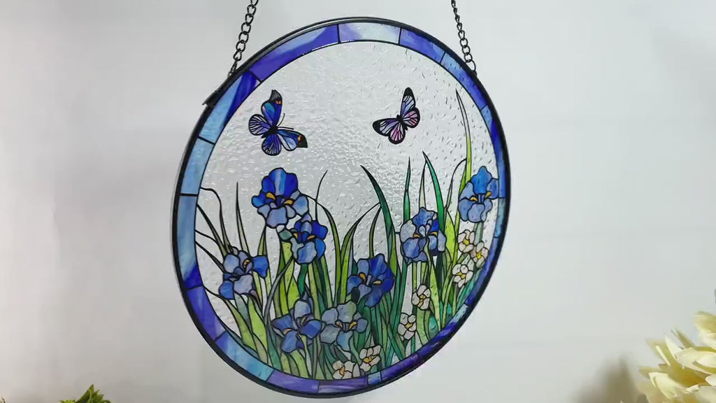 Blue Irises and Butterflies Stained Glass Suncatcher, Iris Flowers, Butterfly, Gifts, Window Hanging, Indoor Decor, Sun Catcher