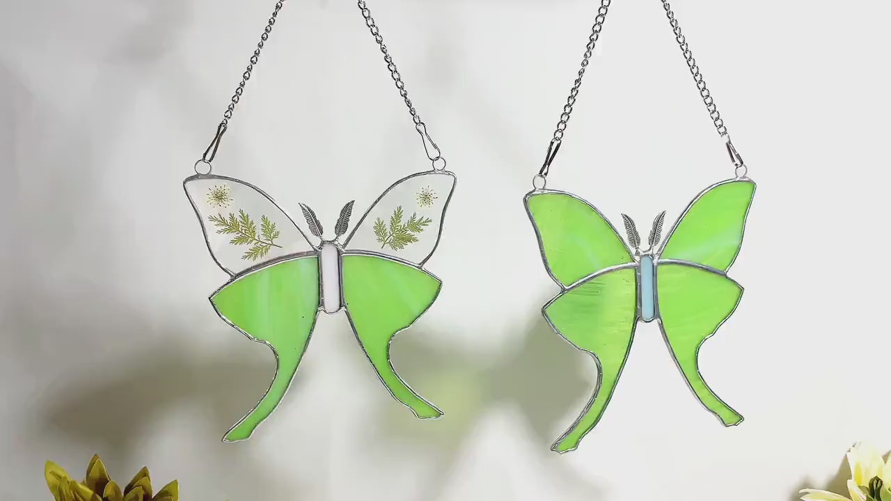Green Glass Luna Moth Stained Glass Window Hanging