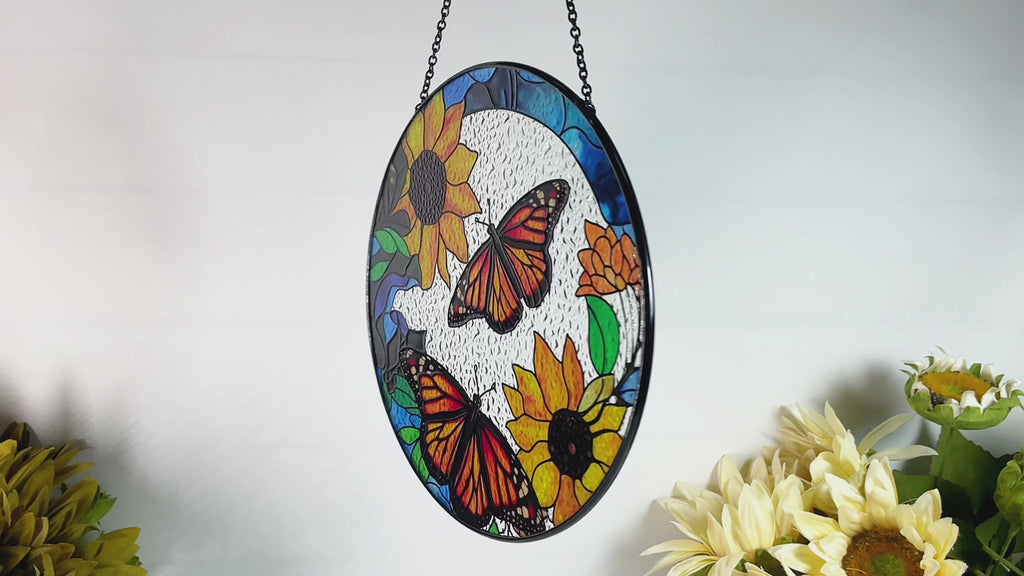 Monarch Butterflies and Sunflowers Stained Glass Suncatcher, Beautiful Sun Catcher, Gifts for Women, Window Hanging, Indoor Decor, Butterfly