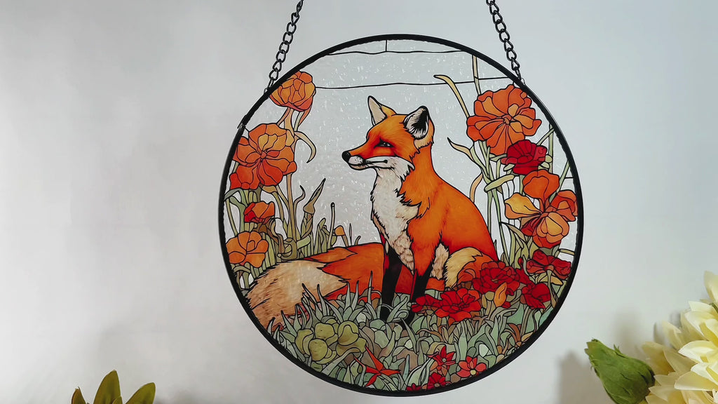 Fox Among California Poppies Stained Glass Suncatcher, Gifts, Wall Art, Window Hanging, Indoor Decor, Sun Catcher