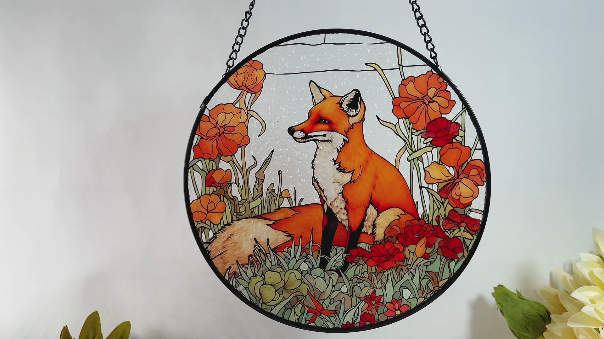 Fox Among California Poppies Stained Glass Suncatcher, Gifts, Wall Art, Window Hanging, Indoor Decor, Sun Catcher