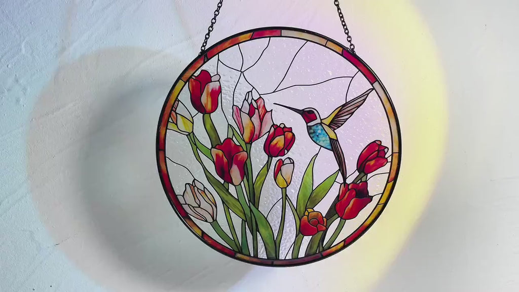 Hummingbird and Tulips Stained Glass Suncatcher/Window Hanging