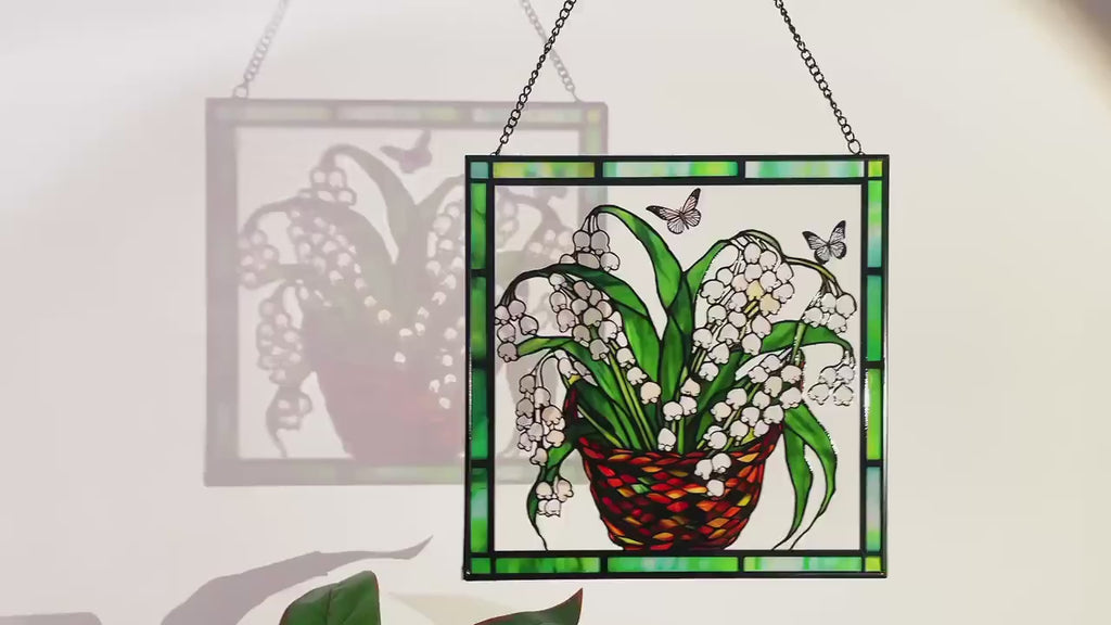 Lily of the Valley and Butterflies Stained Glass Panel Suncatcher Square Window Hanging
