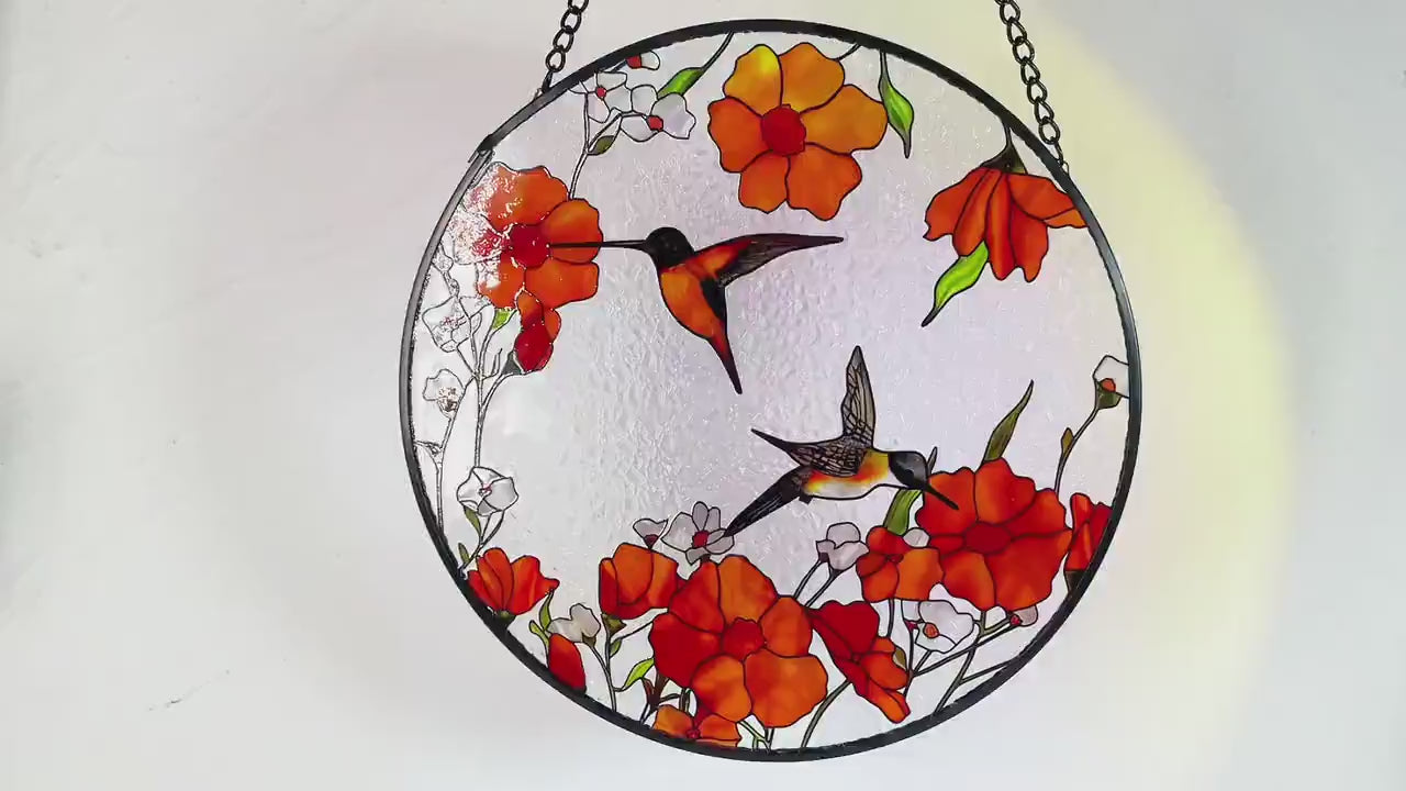 California Poppies/Orange Poppies and hummingbirds Stained Glass Suncatcher/Window Hanging