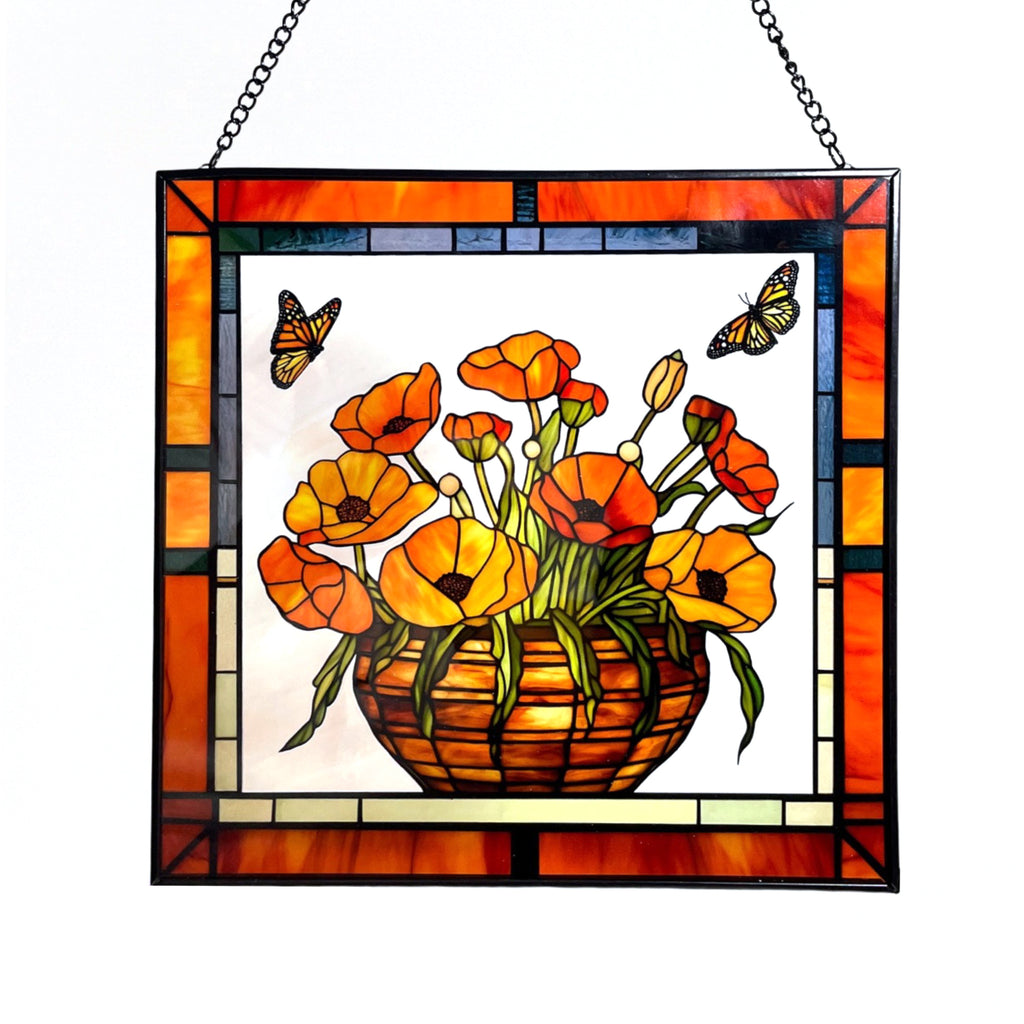 California Poppies and Monarch Butterflies Stained Glass Panel Suncatcher Square Window Hanging